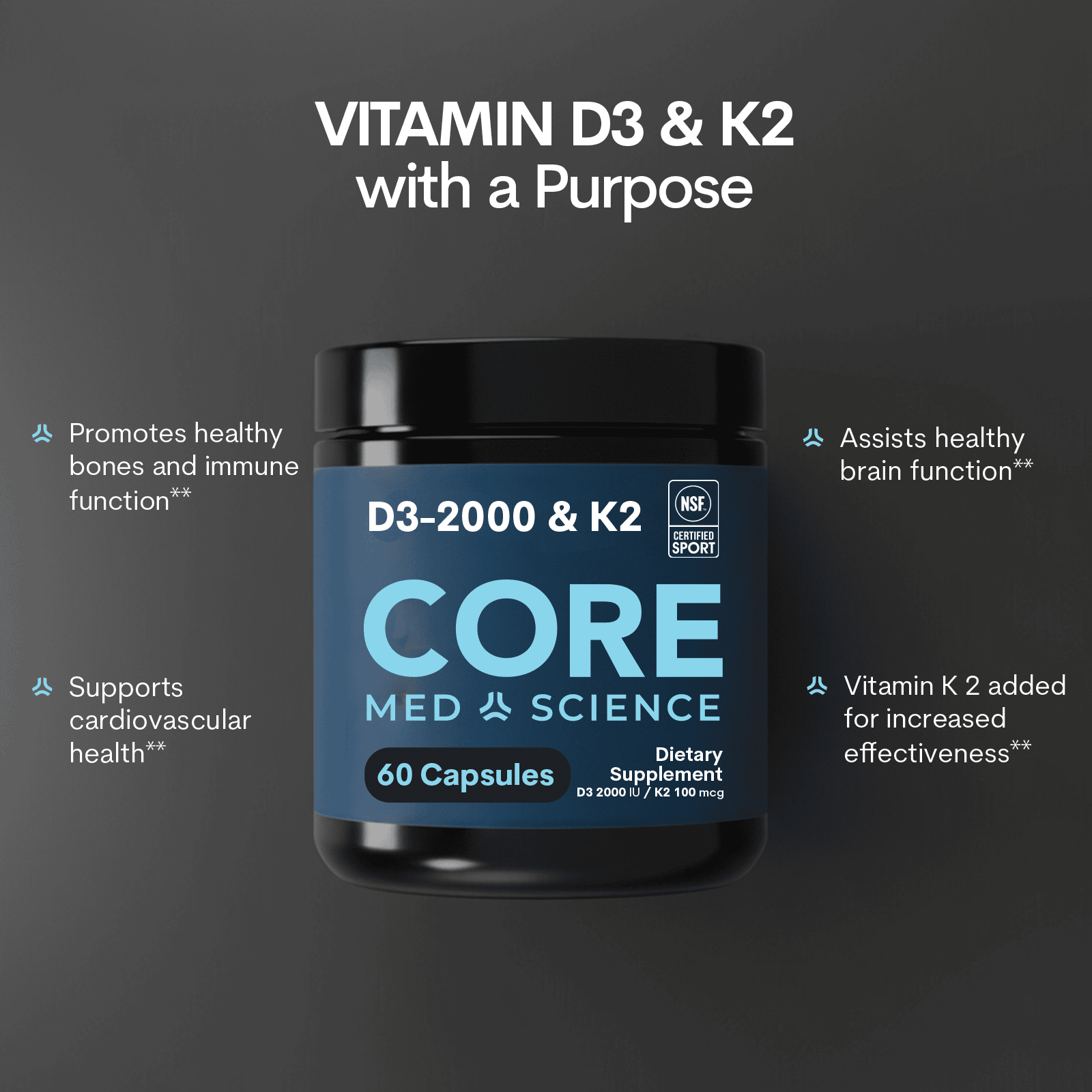 Vitamin D3 2000IU + K2: Bottle (60 Count)
